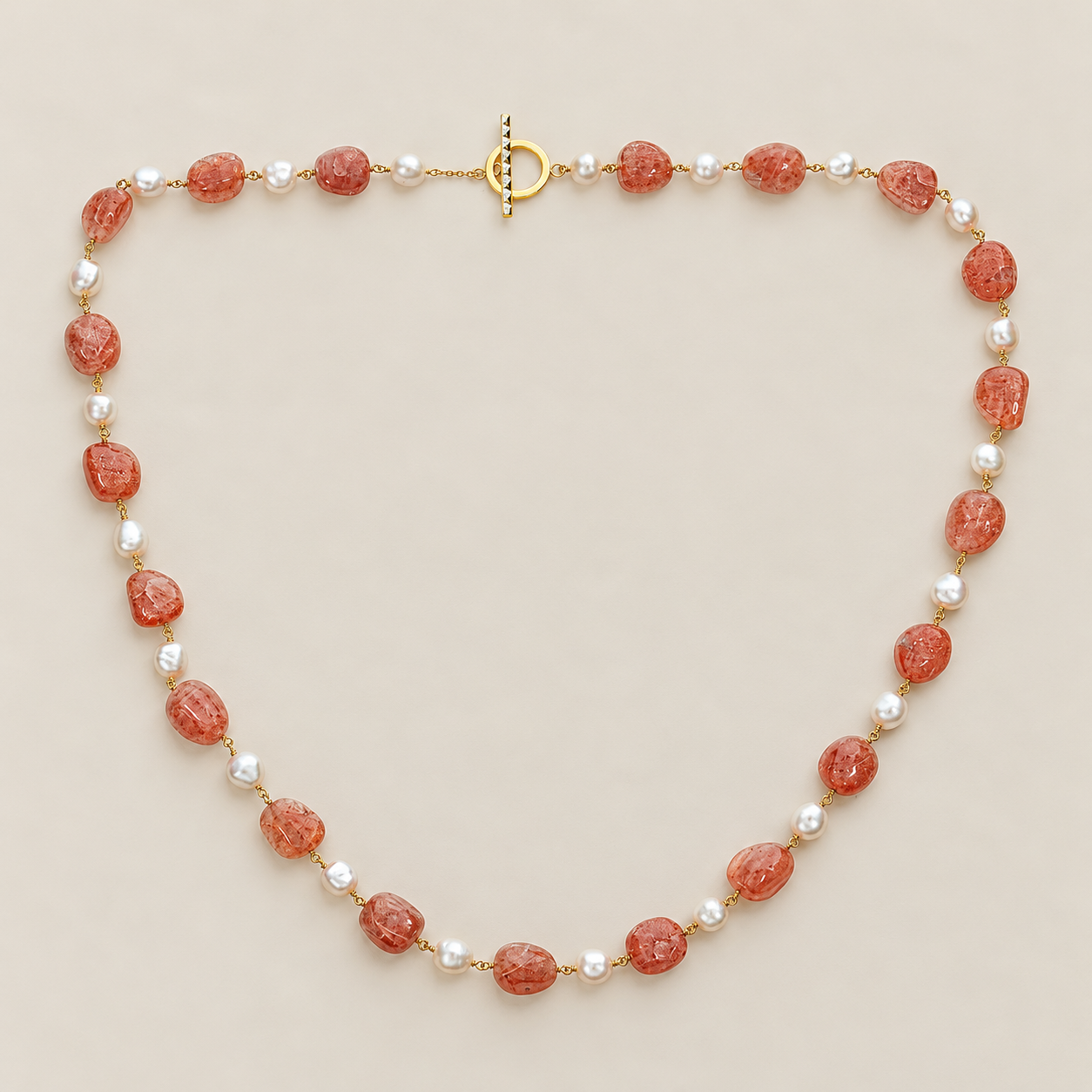Sunstone and Fresh Water Pearl Extra Long 32 Inch Strand Necklace Sterling Silver Gold Plated Beaded Gemstone