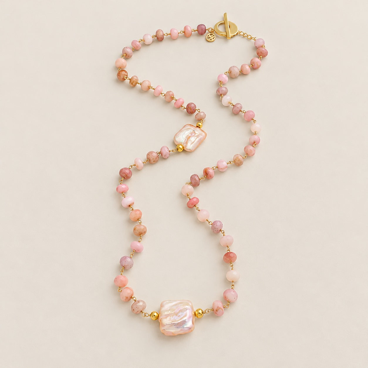 Pink Opal Pink with Pearl Pendant Extra Long Unique Beaded Necklace Sterling Silver Gold Plated