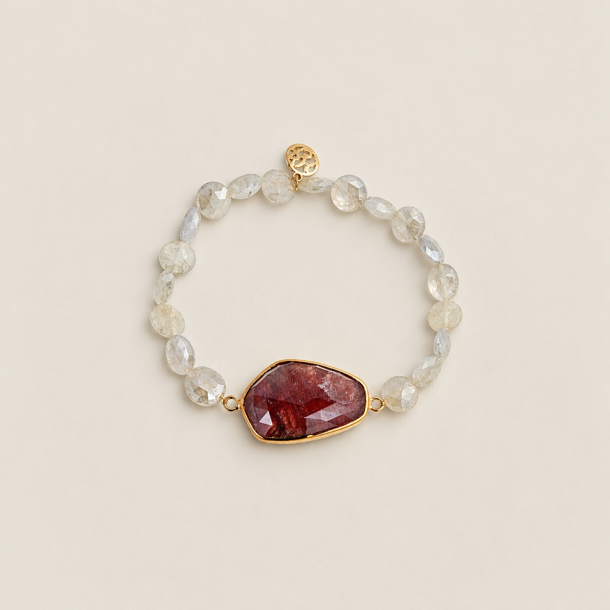 Terracotta Sapphire Gemstone Beaded Stretch Bracelet with Charm