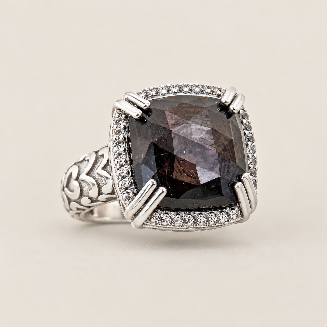 Hypersthene Large Gemstone Cocktail Ring Sterling Silver Rhodium for Women