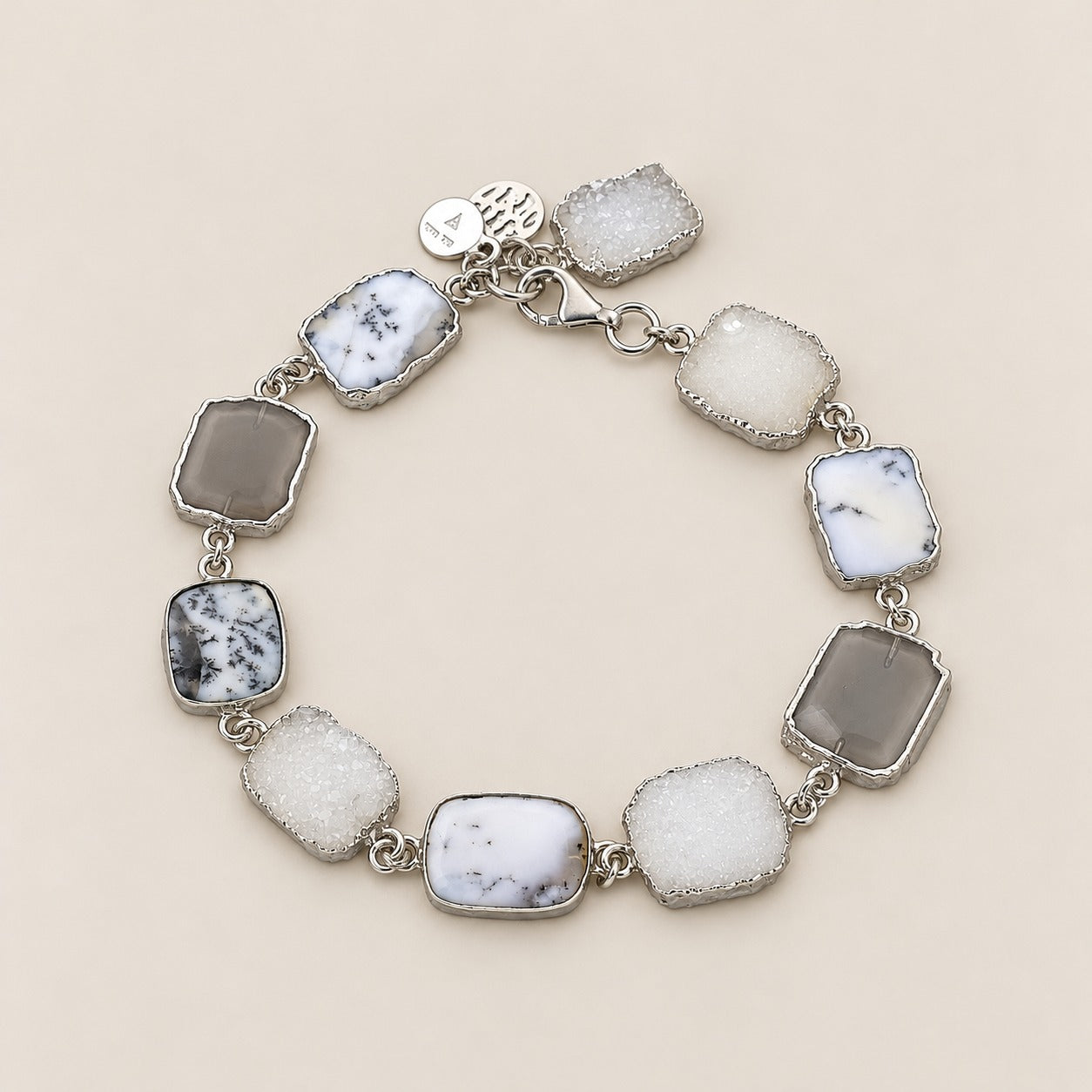 Dendrite Opal Sterling Silver Rhodium Semi Precious Gemstone Bracelet