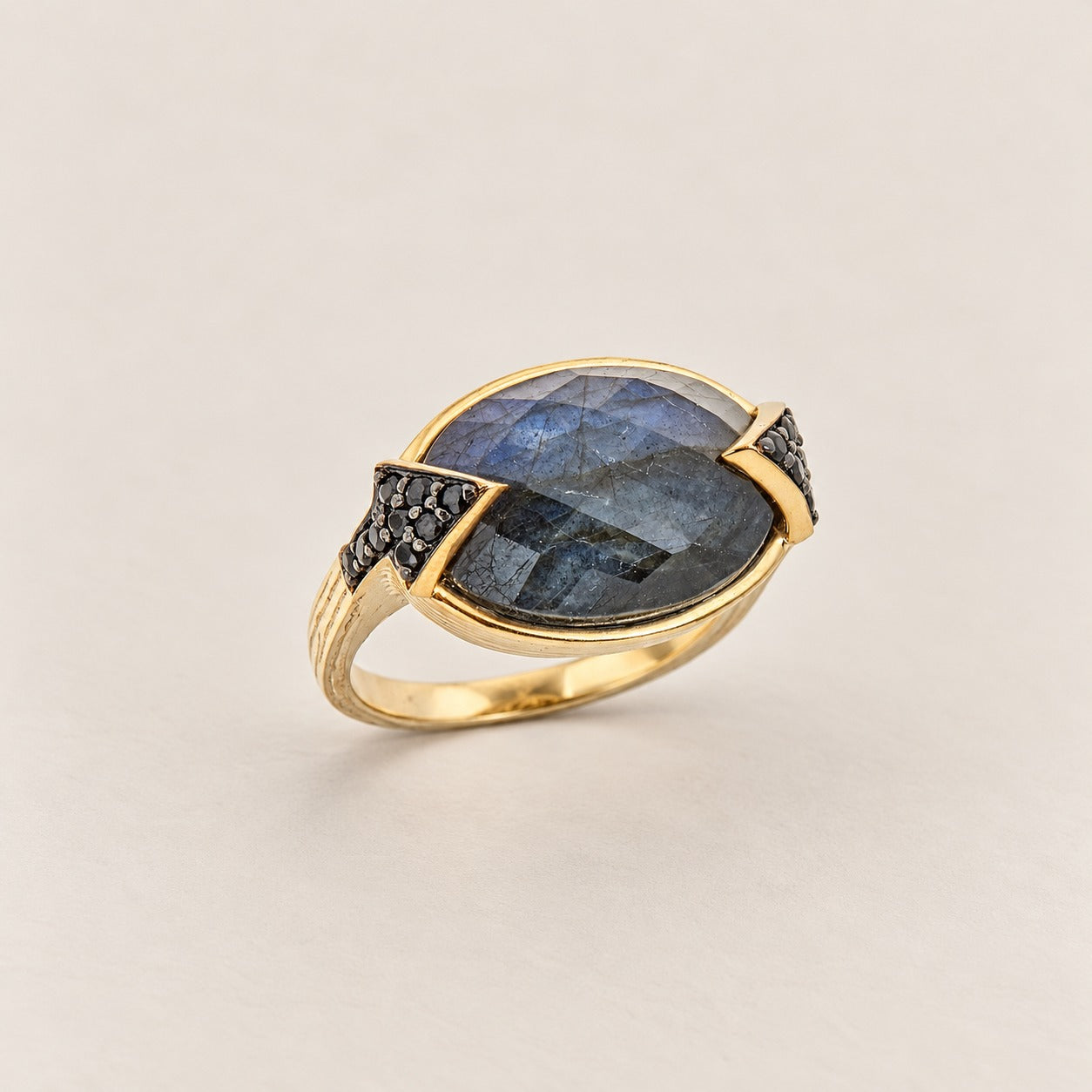 Labradorite Onyx Doublet Large Gemstone Cocktail Ring Sterling Silver Gold Plated for Women