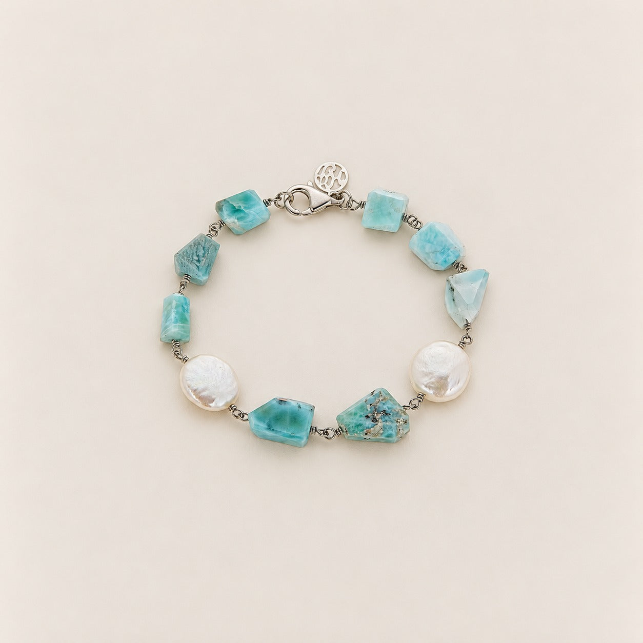 Larimar and Fresh Water Pearl Sterling Silver Handmade Bracelet