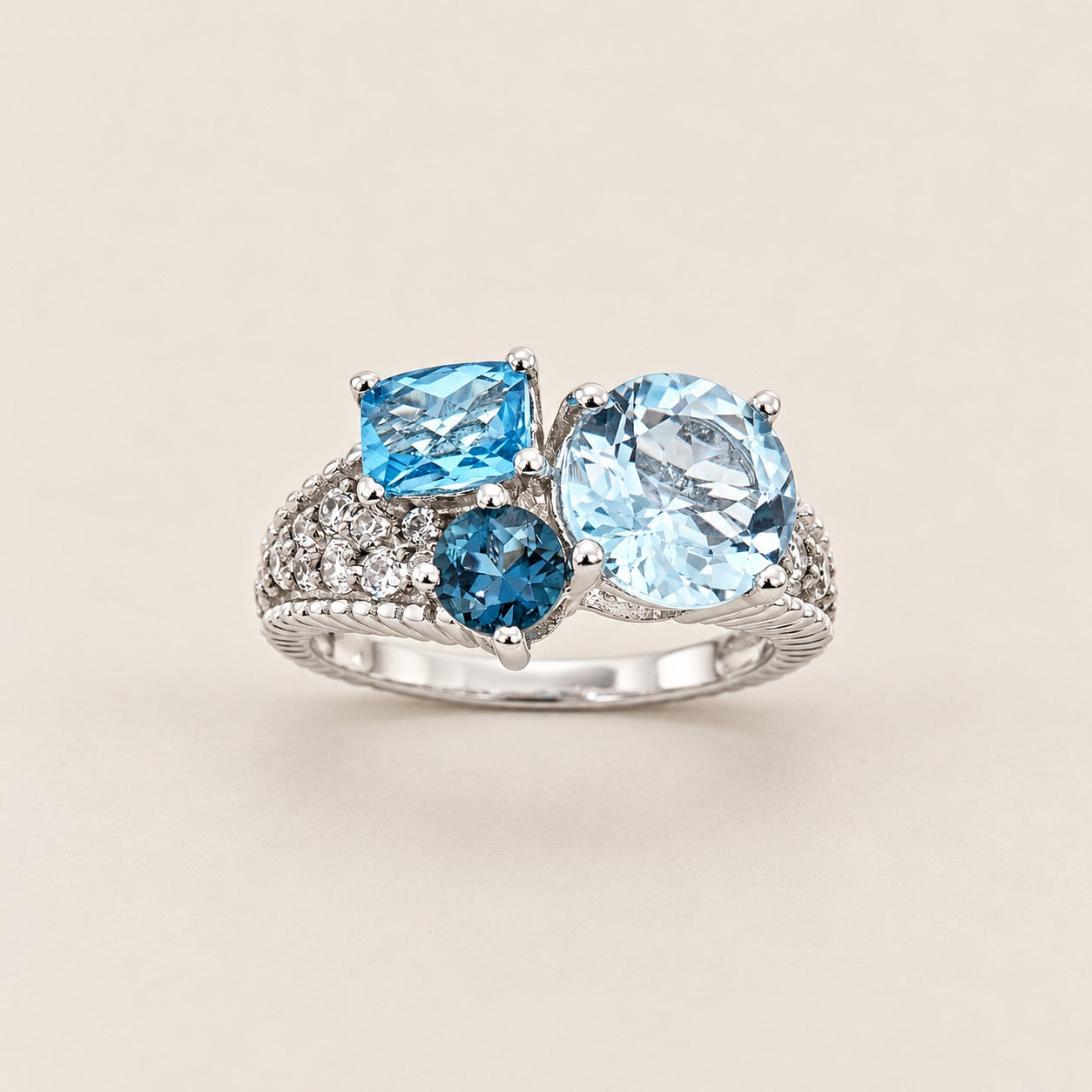 Blue Topaz Gemstone Statement Cocktail Ring Sterling Silver Rhodium for Women
