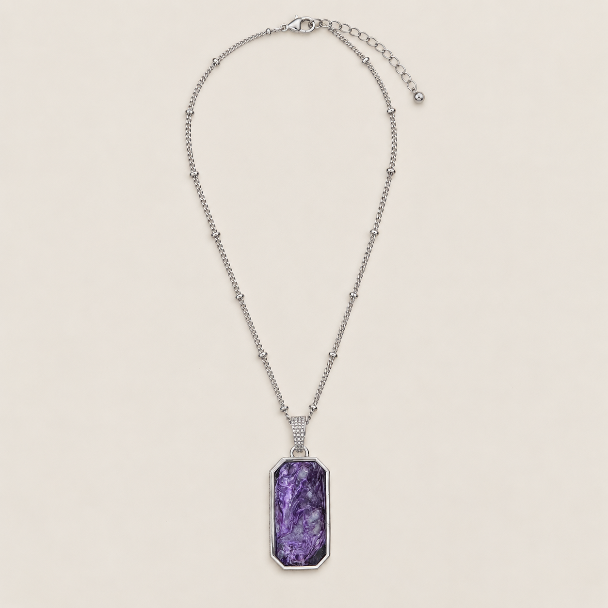 Charoite Gemstone Long Pendant Necklace 18 Inch Chain Sterling Silver Rhodium with 2 Inch Extender enhancer