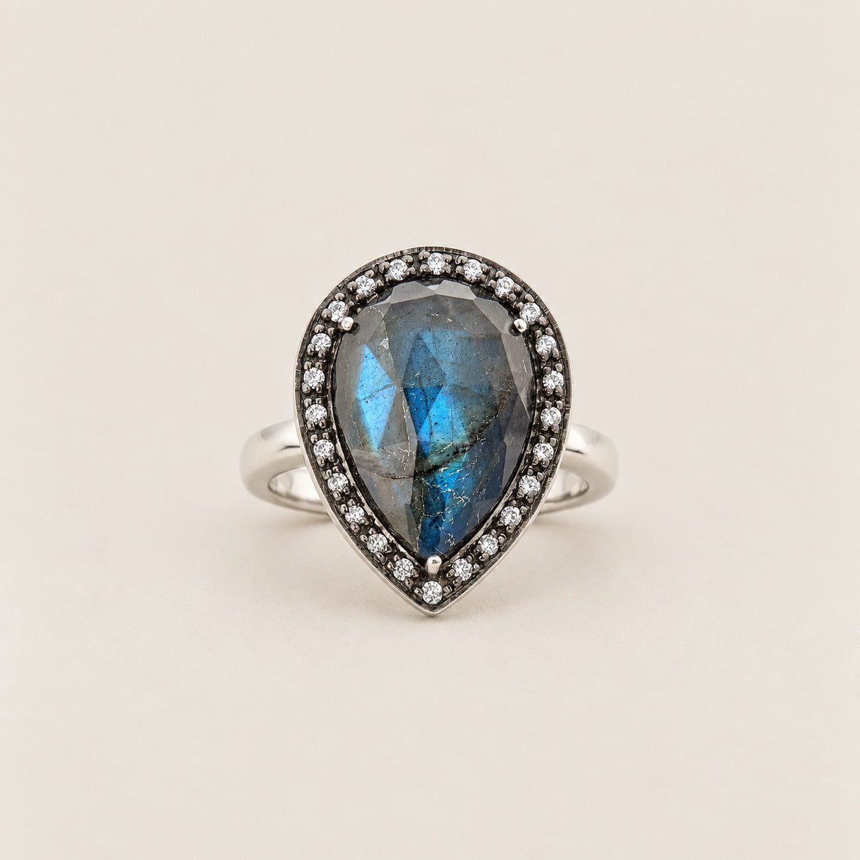 Labradorite Doublet Statement Cocktail Ring Sterling Silver Black Rhodium for Ladies