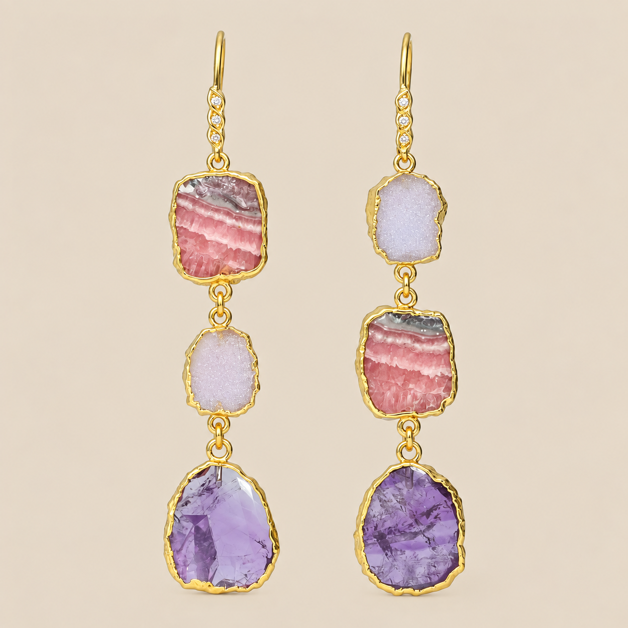 Rhodochrosite Pink Druzy Amethyst and Natural Zircon Sterling Silver Gold Plated Earrings