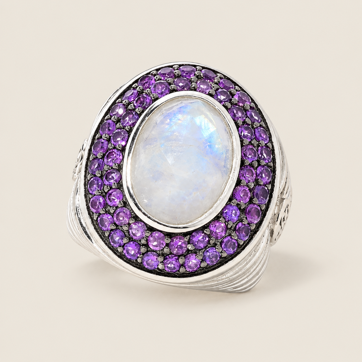 Moonstone and Amethyst Statement Cocktail Ring Sterling Silver Rhodium for Women