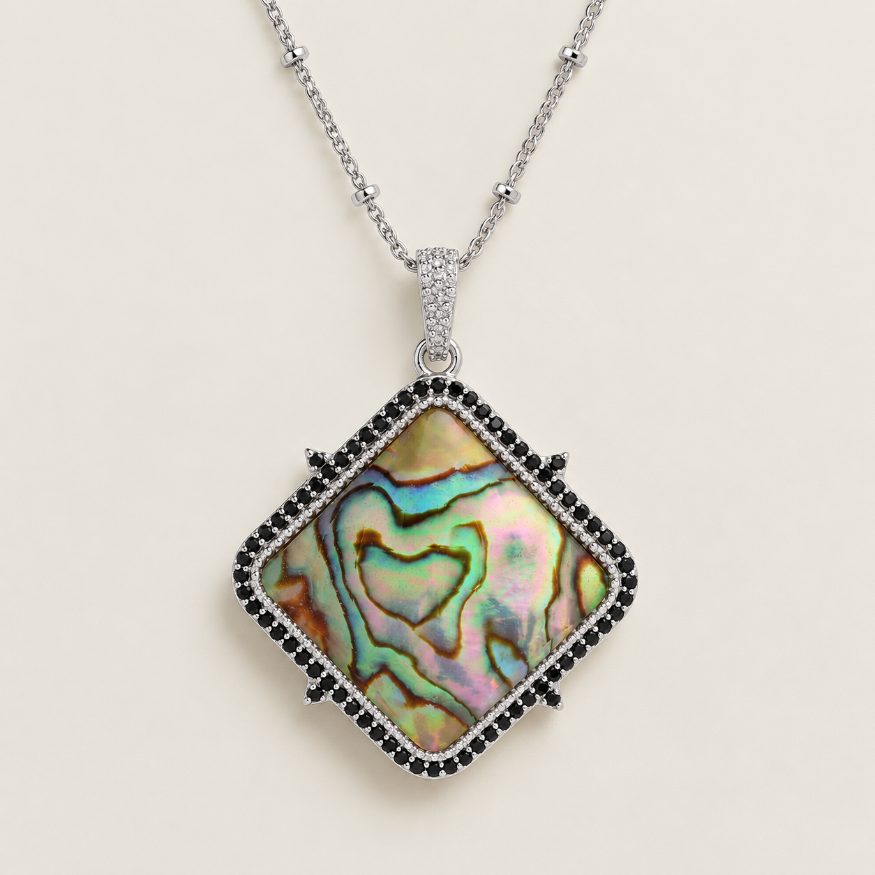 Abalone Gemstone Long Chain Statement Pendant Necklace Sterling Silver Rhodium