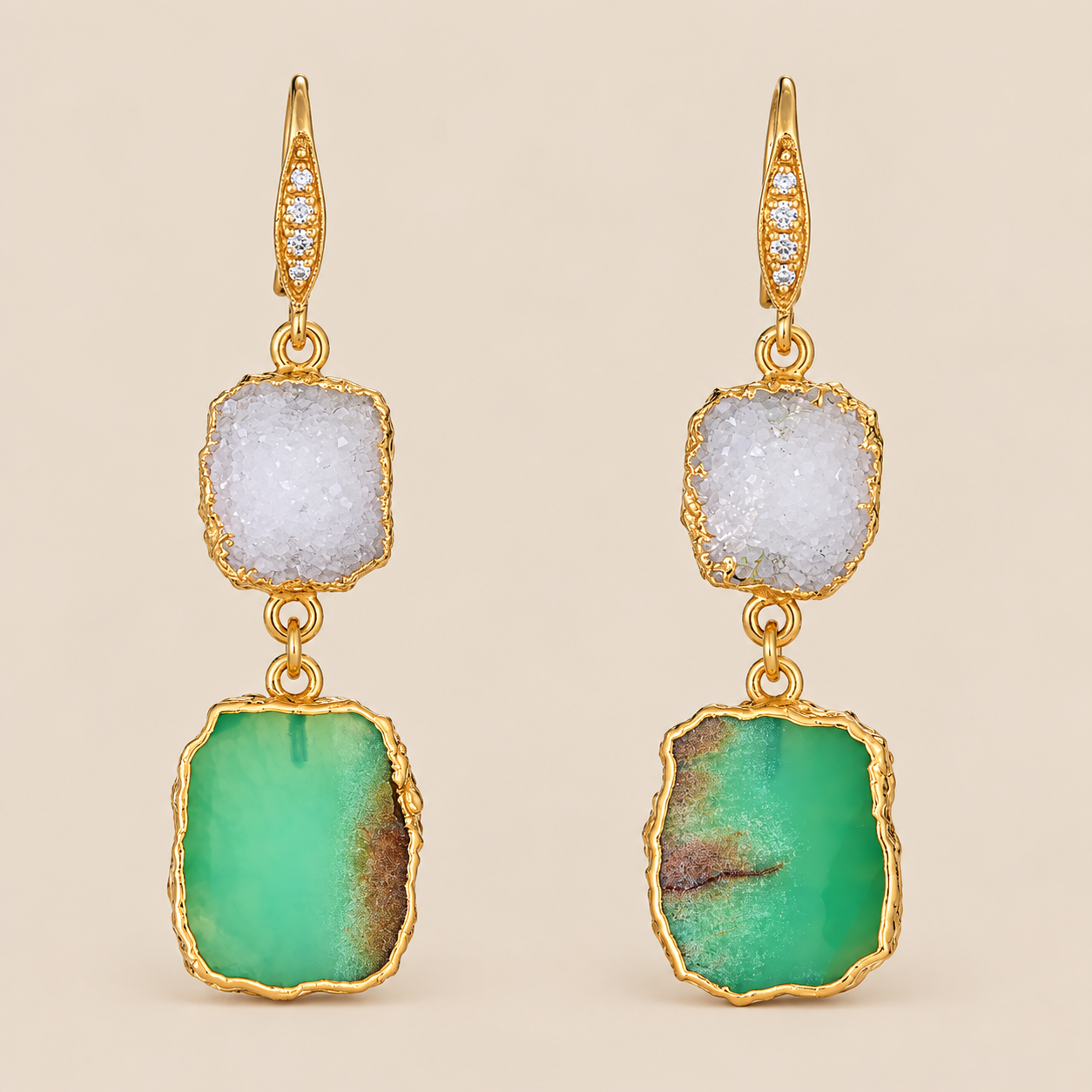 White Druzy, Chrysoprase, and White Zircon Sterling Silver Gold Plated Earrings