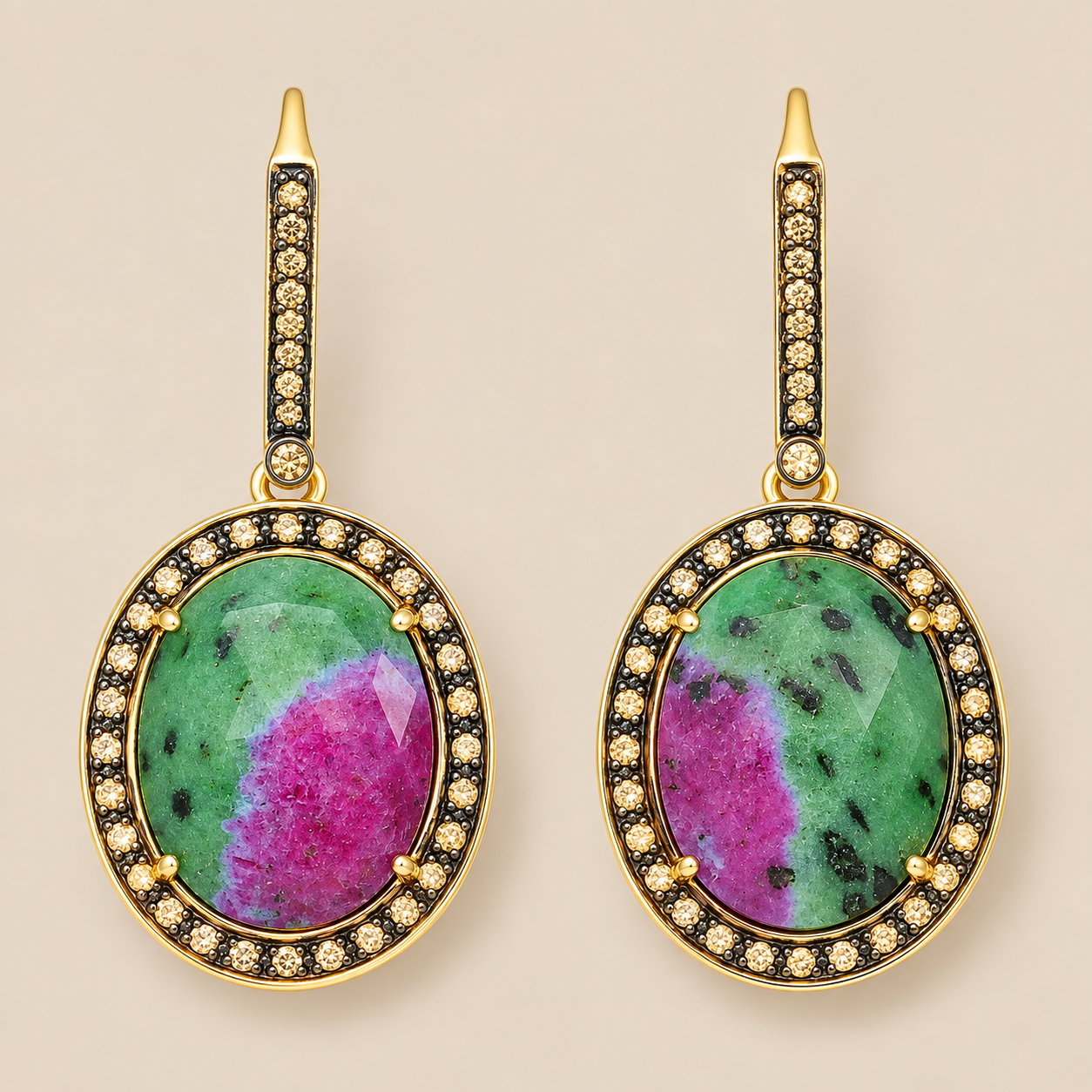 Ruby in Zoisite and Champagne Zircon Sterling Silver Gold Plated Earrings
