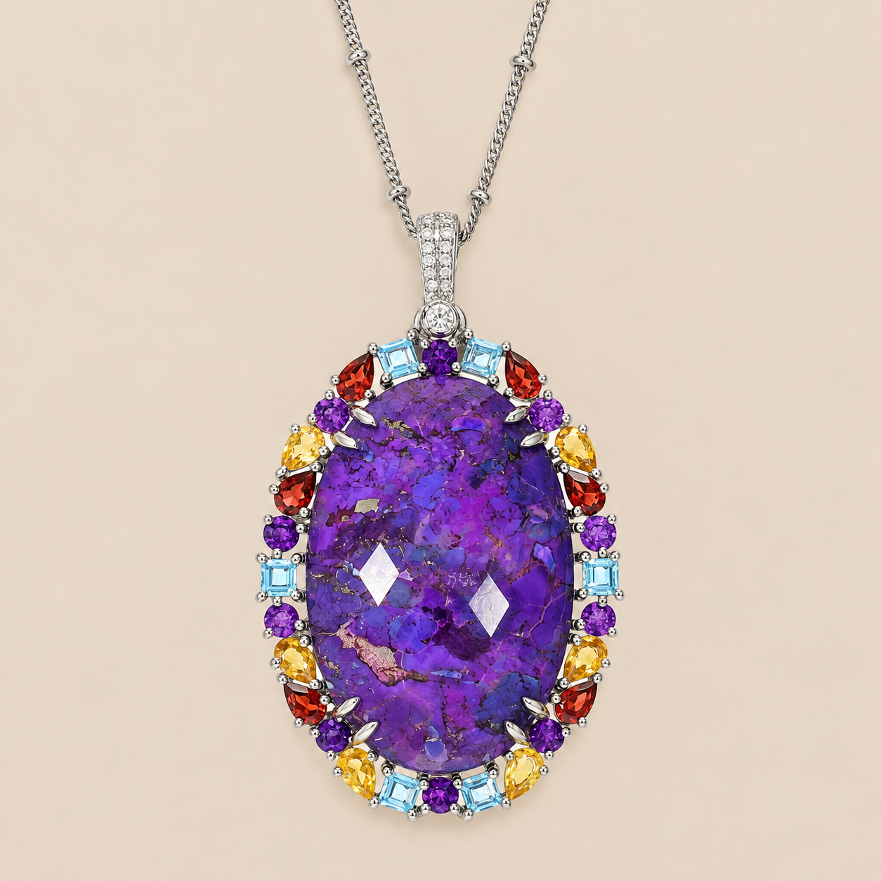 Purple Stabilized Turquoise and Multi Gemstone Sterling Silver Rhodium 30 Inch Satellite Chain enhancer Pendant
