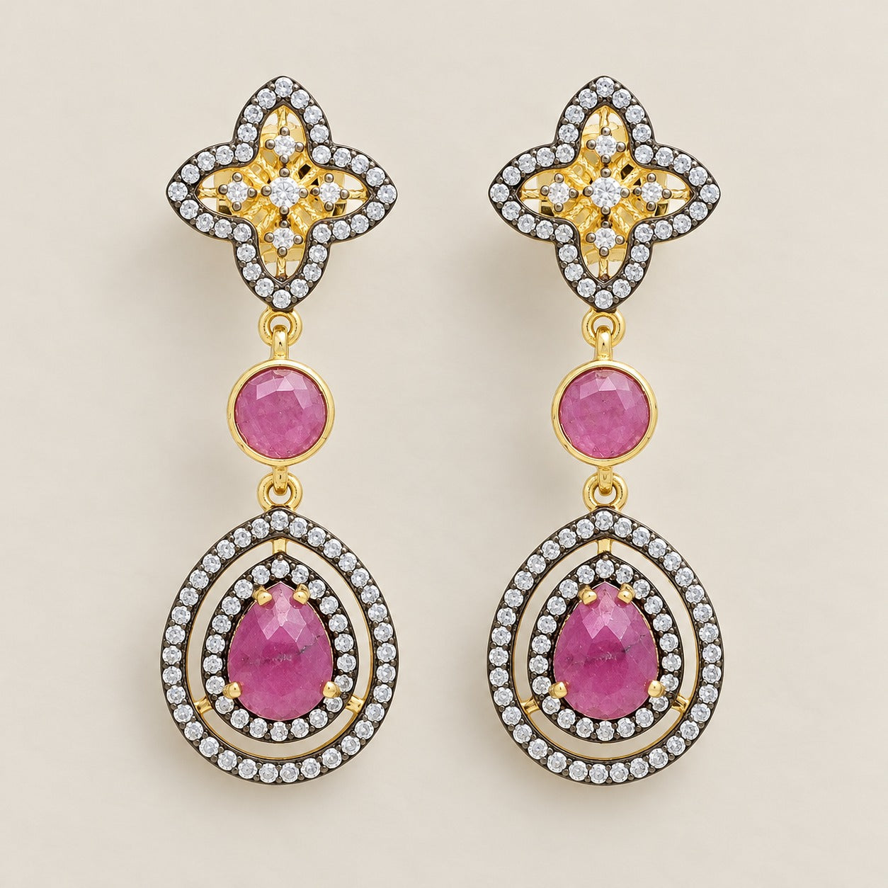 Pink Sapphire Double Drop Unique Fashion Earrings Sterling Silver Gold Plated