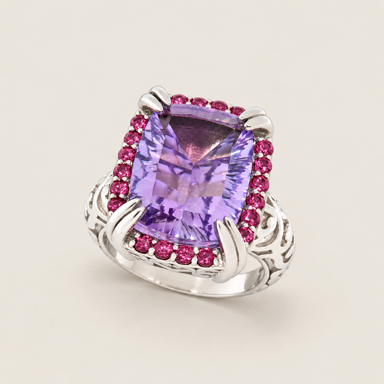 Amethyst Large Gemstone Statement Cocktail Ring Sterling Silver Rhodium