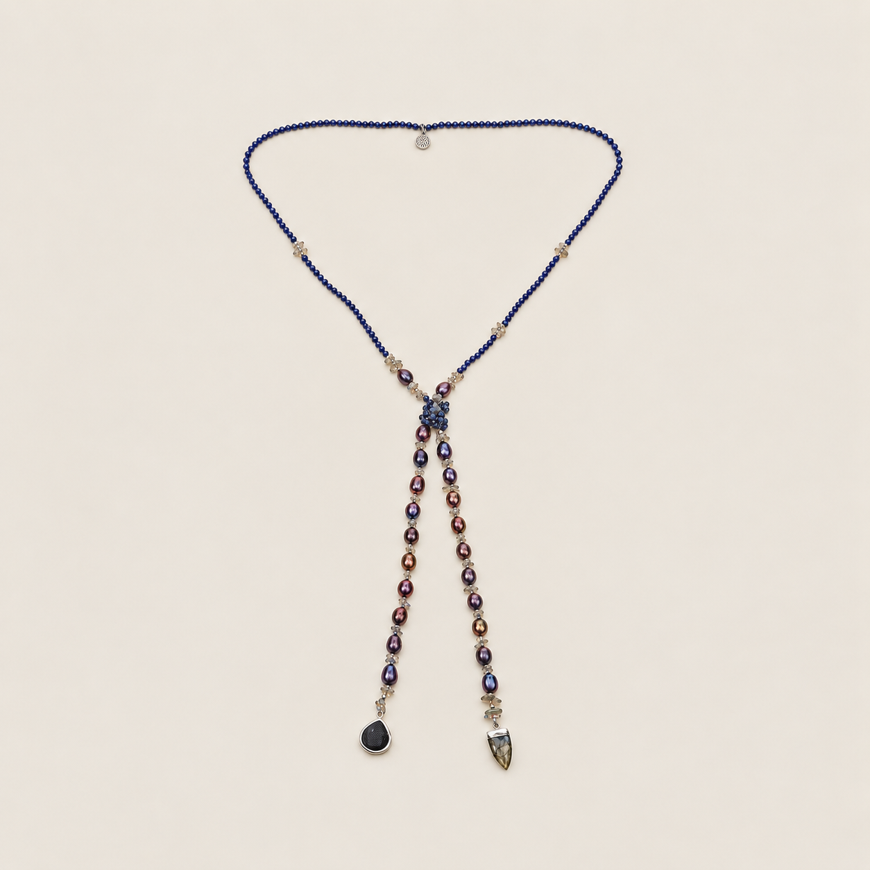 Blue Sapphire, Peacock Pearl Vintage Style Long Beaded Strand Necklace Sterling Silver Rhodium