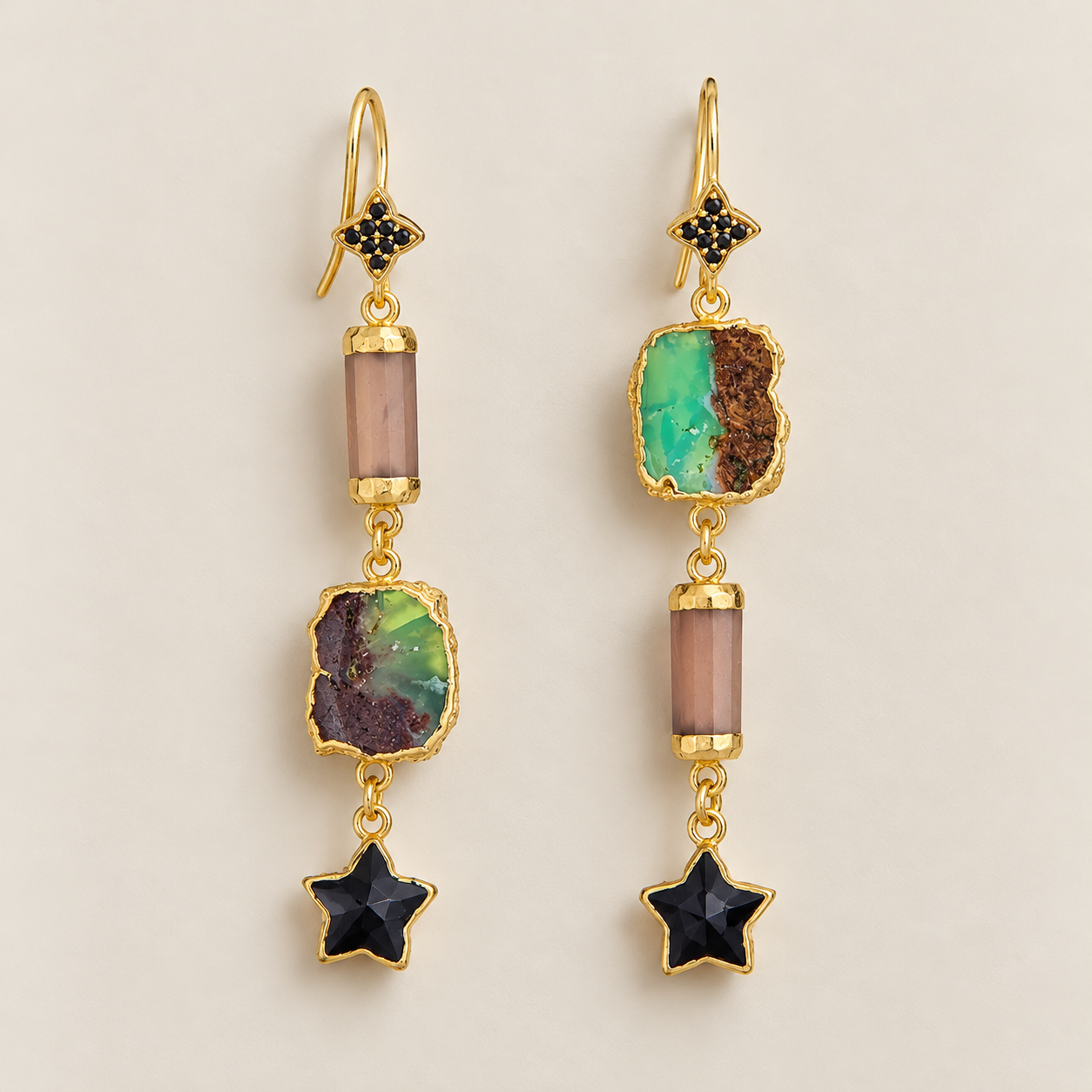 Multi Gemstone Unique Dangle Earrings Gold Plated Sterling Silver