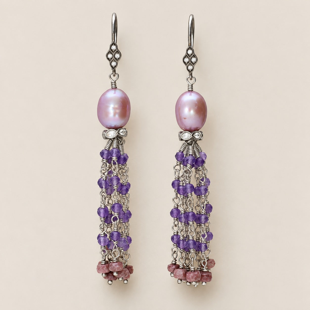 Multi Gemstone Tassel Dangle Earrings Sterling Silver Rhodium