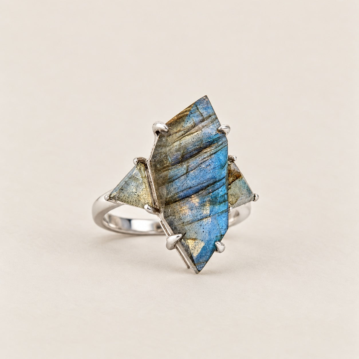 Labradorite Vintage Cocktail Ring Sterling Silver Rhodium for Women
