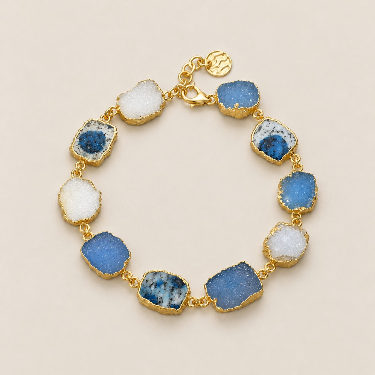 Blue white Azurite and Druzy Sterling Silve Handmade Gemstone Bracelet