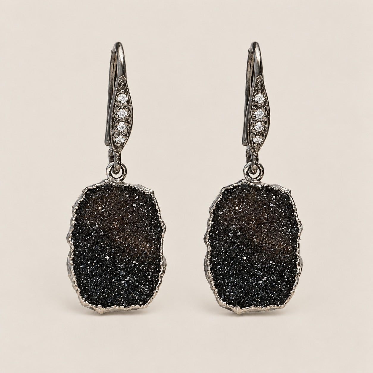 Black Druzy Gemstone Drop Earrings Sterling Silver Rhodium