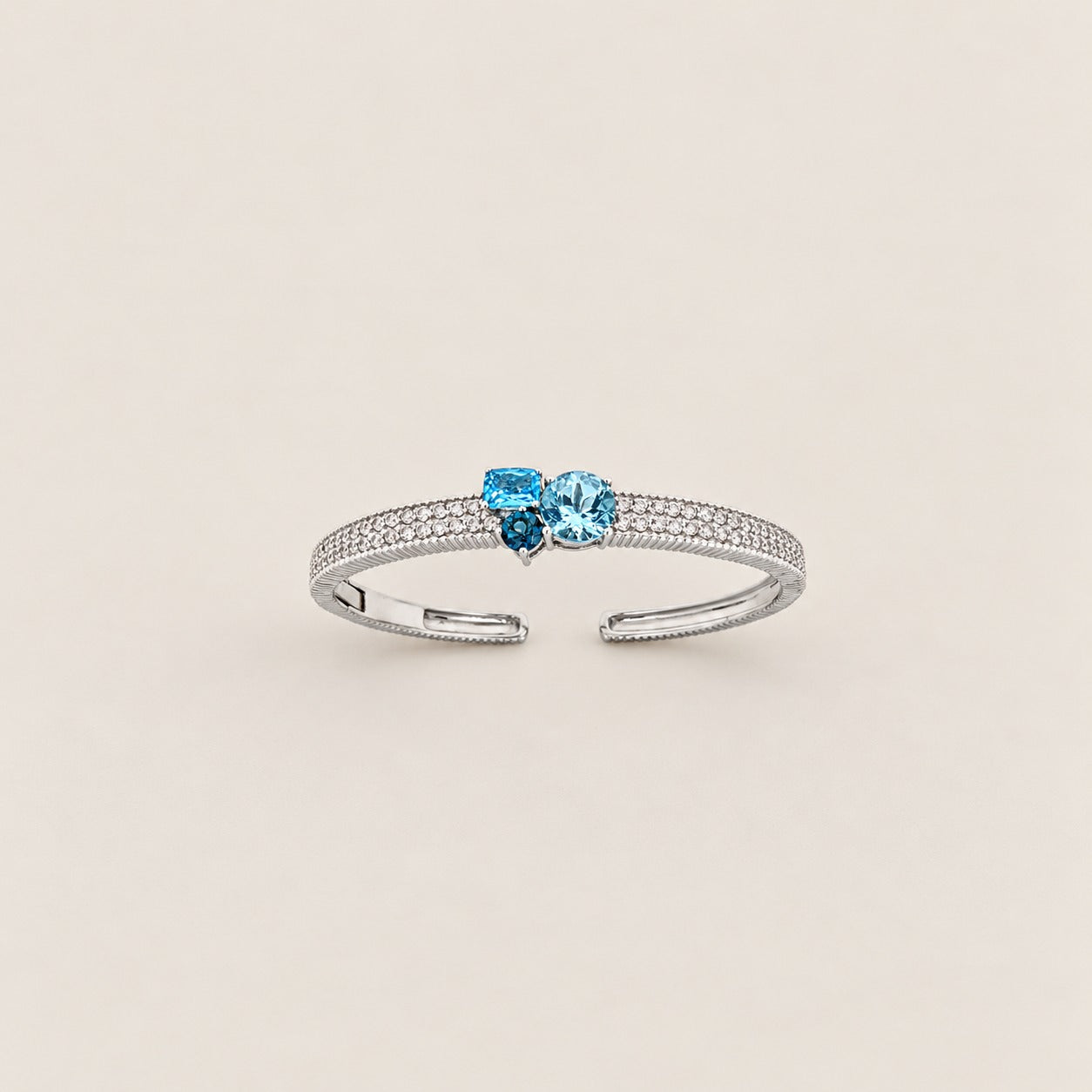 Blue Topaz with Natural Zircon Sterling Silver Gemstone Cuff Bangle Bracelet