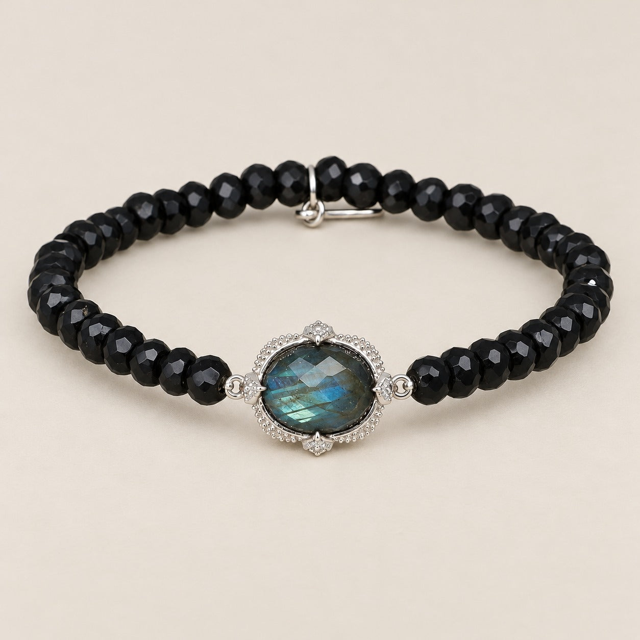 Labradorite and Black Onyx Beaded Stretch Bracelet with Sterling Silver Charm