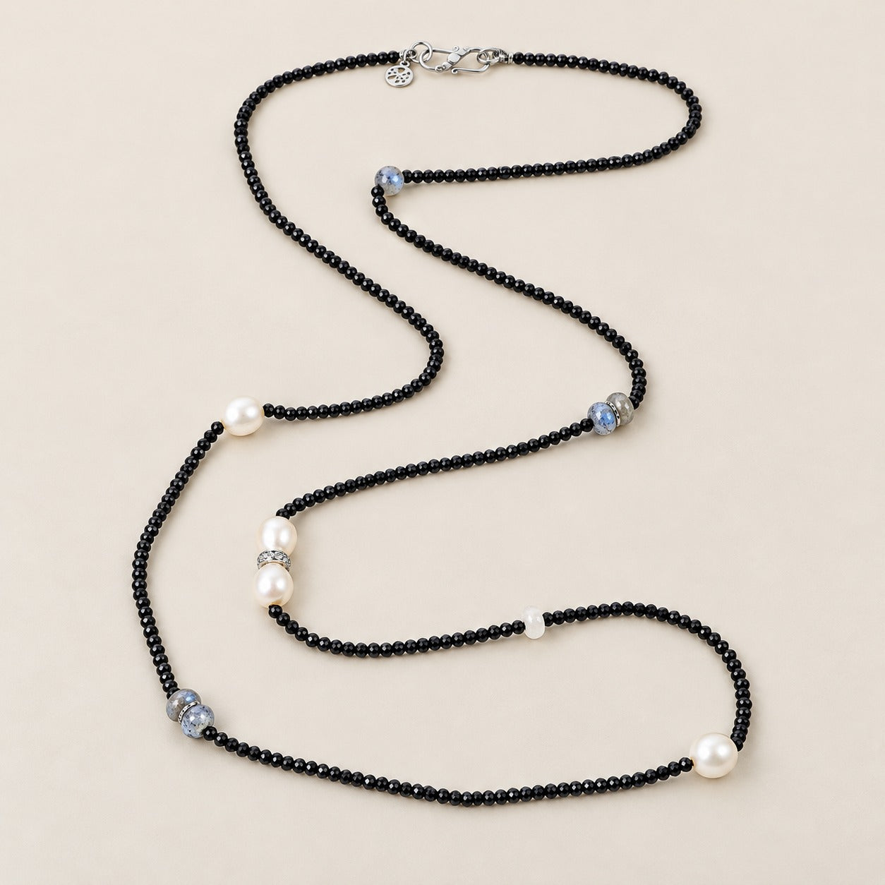 Multi Gemstone Extra Long 36 Inch Vintage Style Beaded Necklace Sterling Silver Rhodium