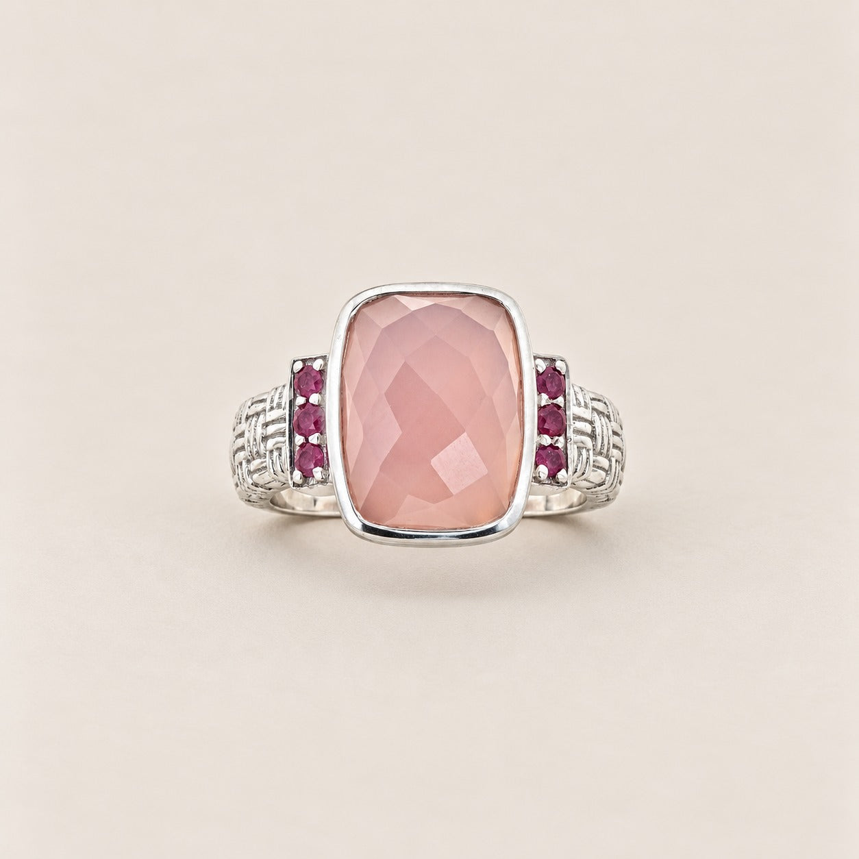 Pink Chalcedony Vintage Style Cocktail Ring Sterling Silver Rhodium for Women