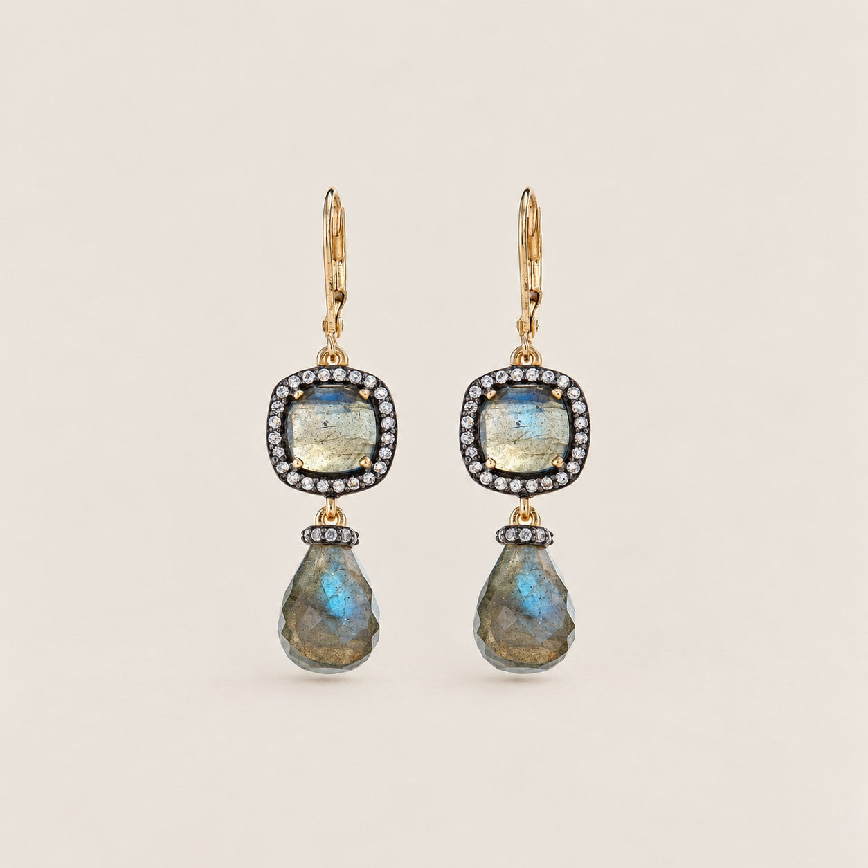 Labradorite Gemstone Dangle Drop Earrings Sterling Silver Gold Plated Black Rhodium