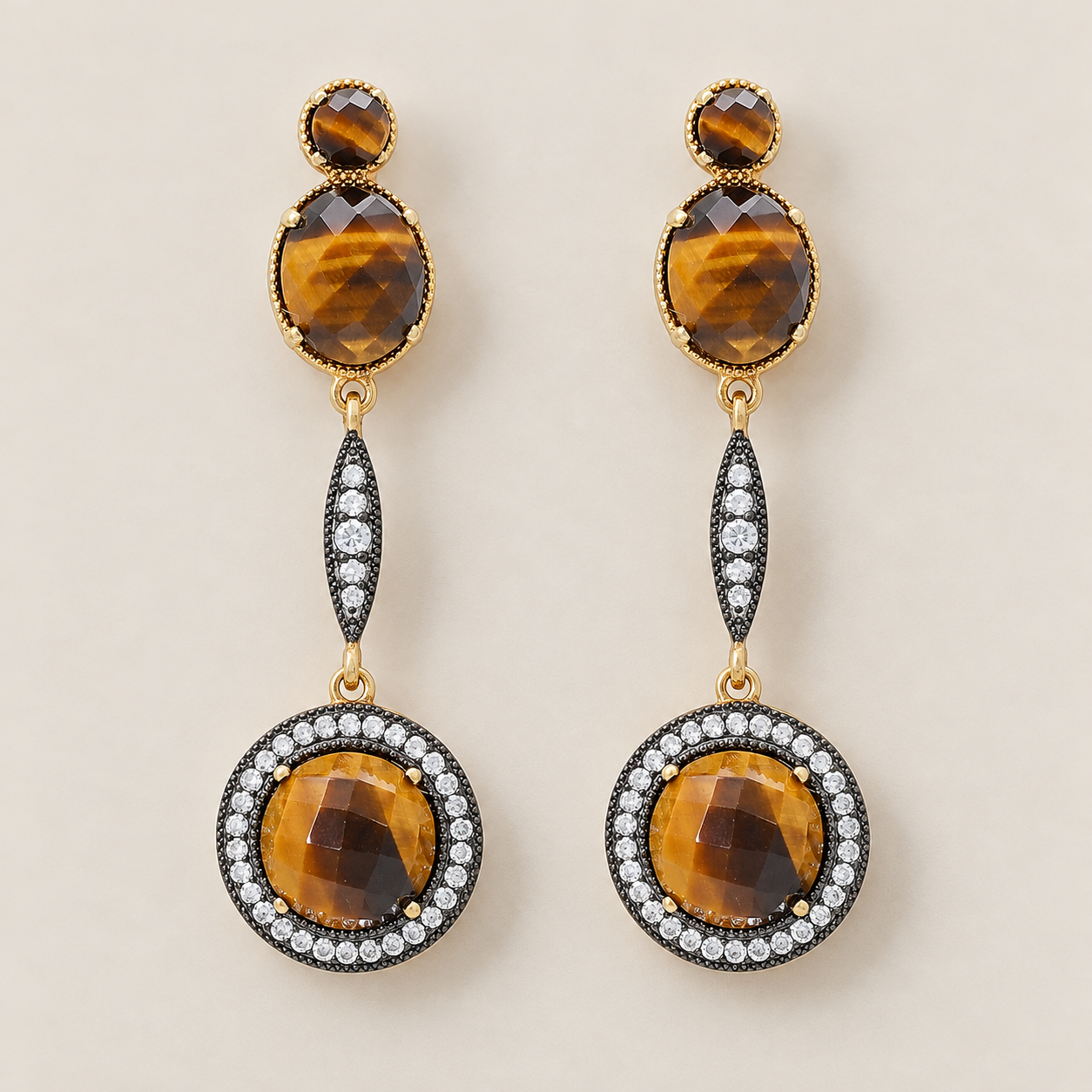 Tiger Eye Gemstone Dangle Earrings Sterling Silver Gold Plated