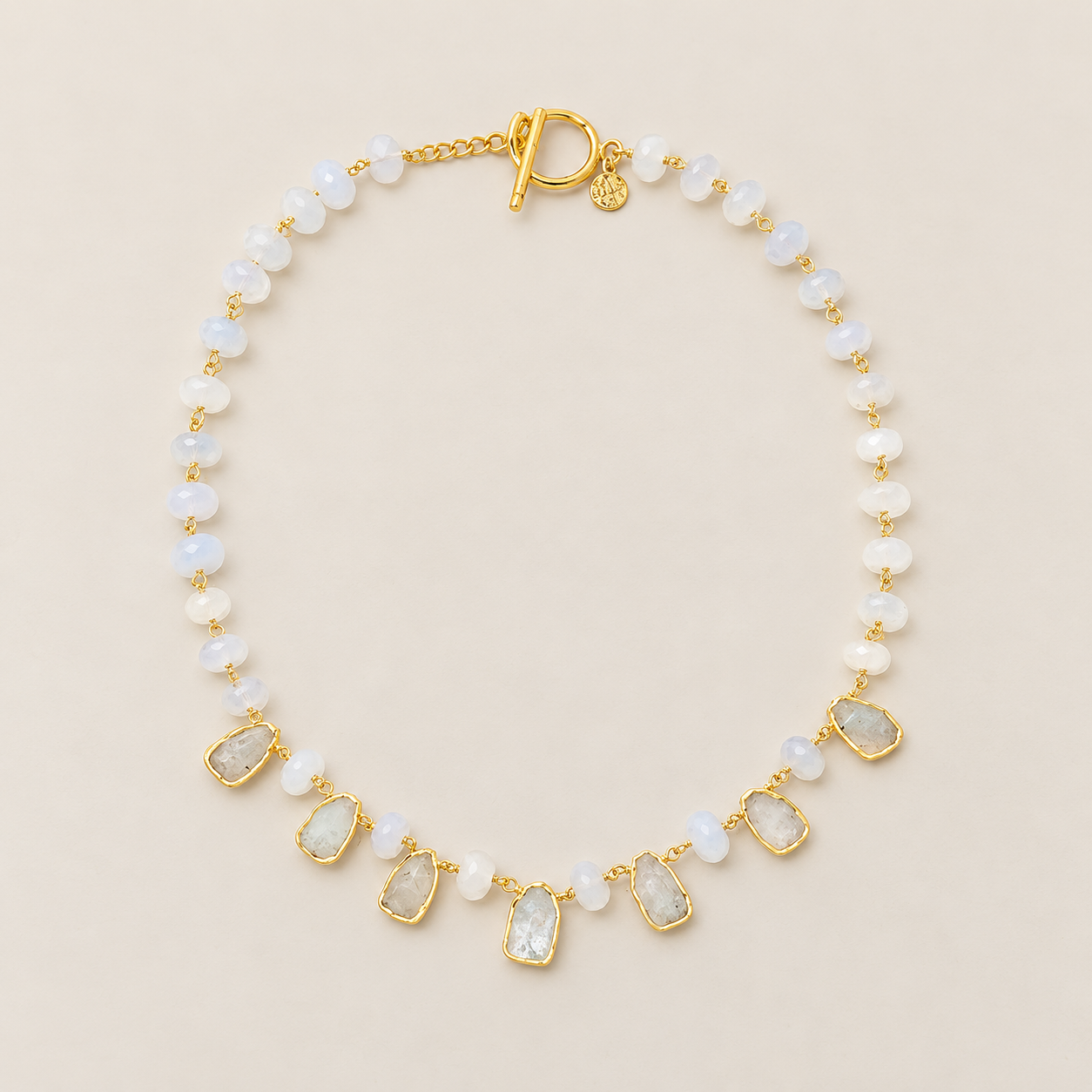 Natural Chalcedony, Rainbow Moonstone Beaded Statement Necklace Sterling Silver Gold Plated