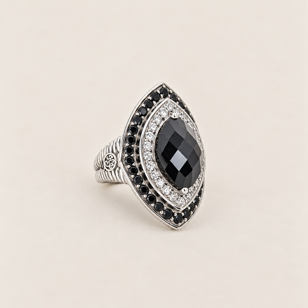 Black Spinel Gemstone Statement Dinner Ring Sterling Silver Rhodium for Women