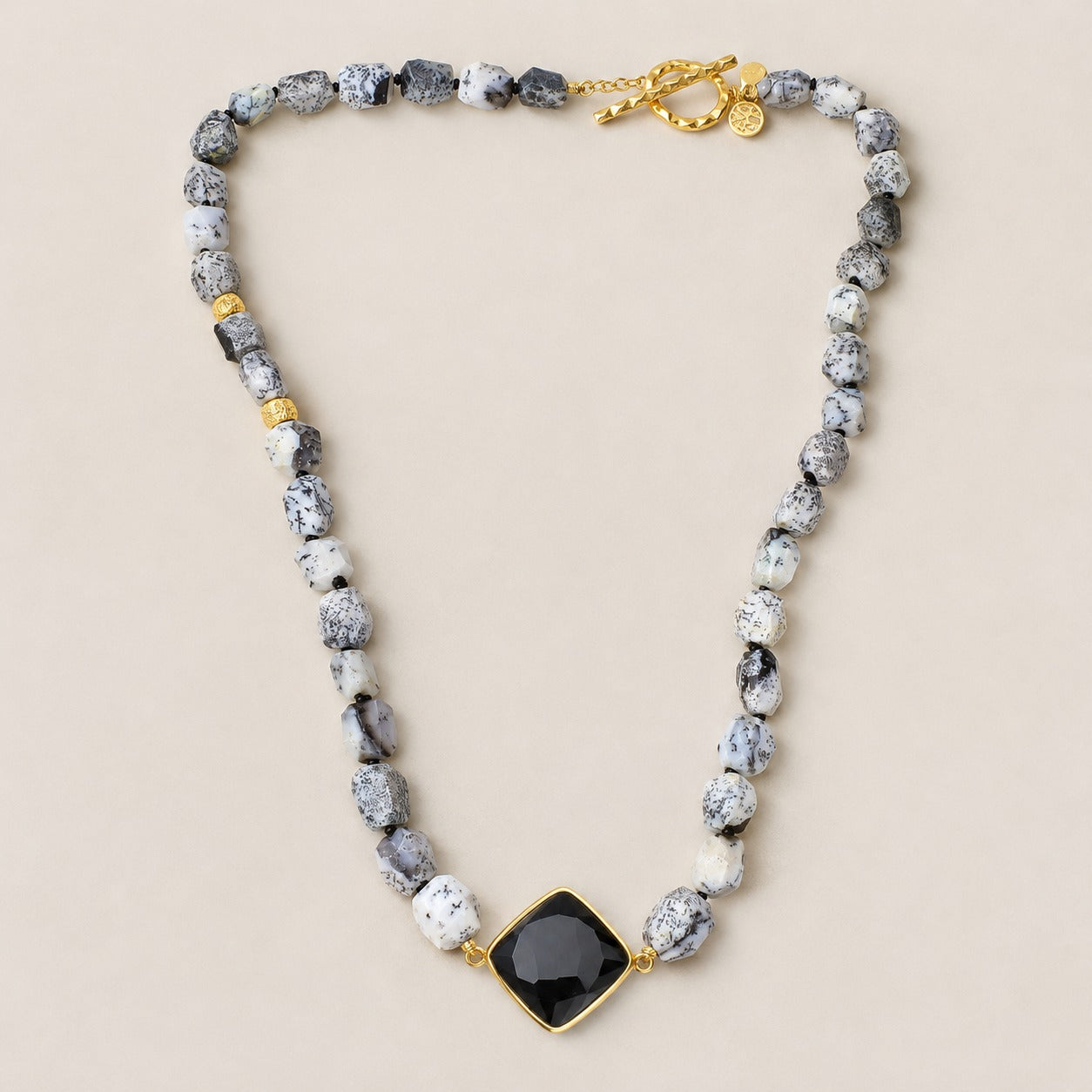 Dendrite Opal Long Beaded Handmade Pendant Necklace Sterling Silver Gold Plated