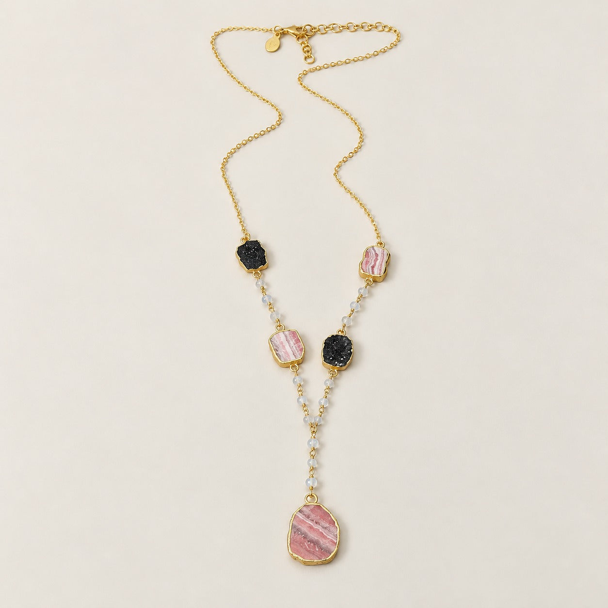 Multistone Long Gemstone Beaded Strand Pendent Necklace Sterling Silver Gold Plated with 2 Inch Extender