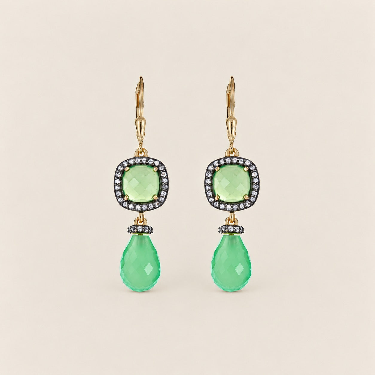 Chrysophrase Chalcedony Gemstone Dangle Drop Earrings Sterling Silver Gold Plated Black Rhodium