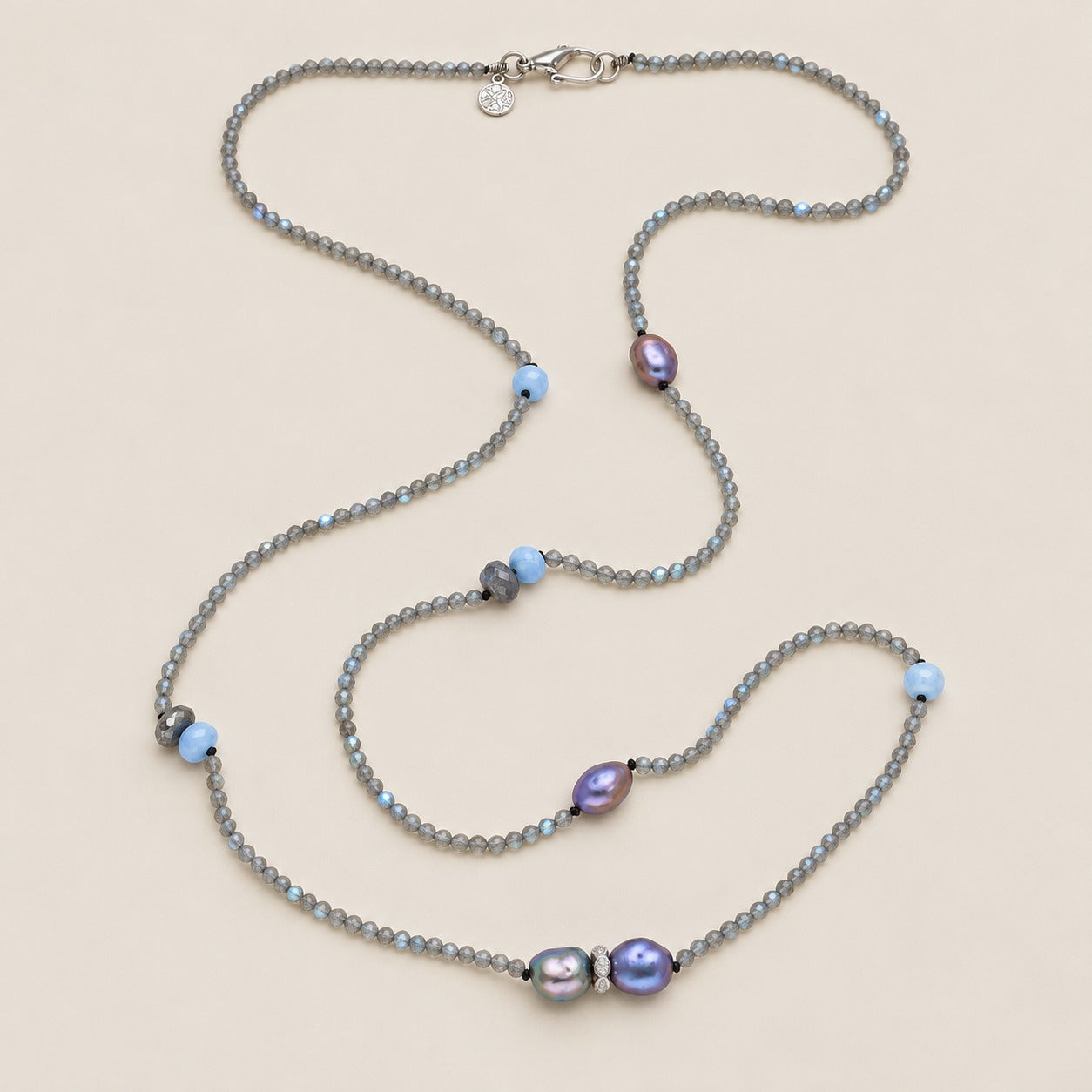 Labradorite and Peacock Pearl Extra Long Gemstone Beaded Necklace Sterling Silver Rhodium