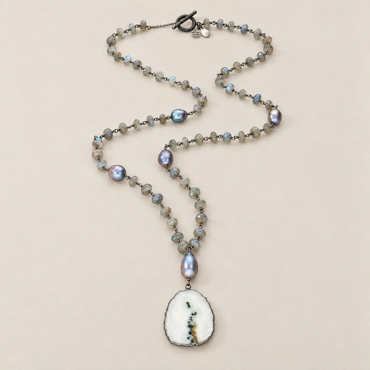 Labradorite and Peacock Pearl  Beaded Strand Vintage Pendant Necklace Sterling Silver Black Rhodium