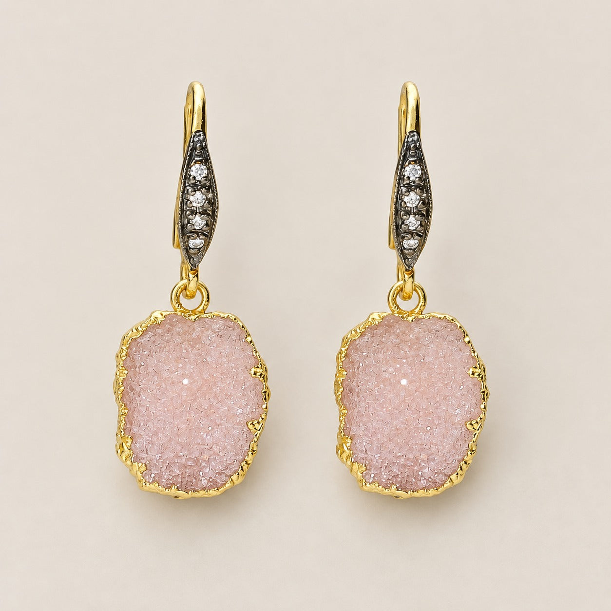 Pink Druzy Gemstone Drop Earrings Sterling Silver Gold Plated