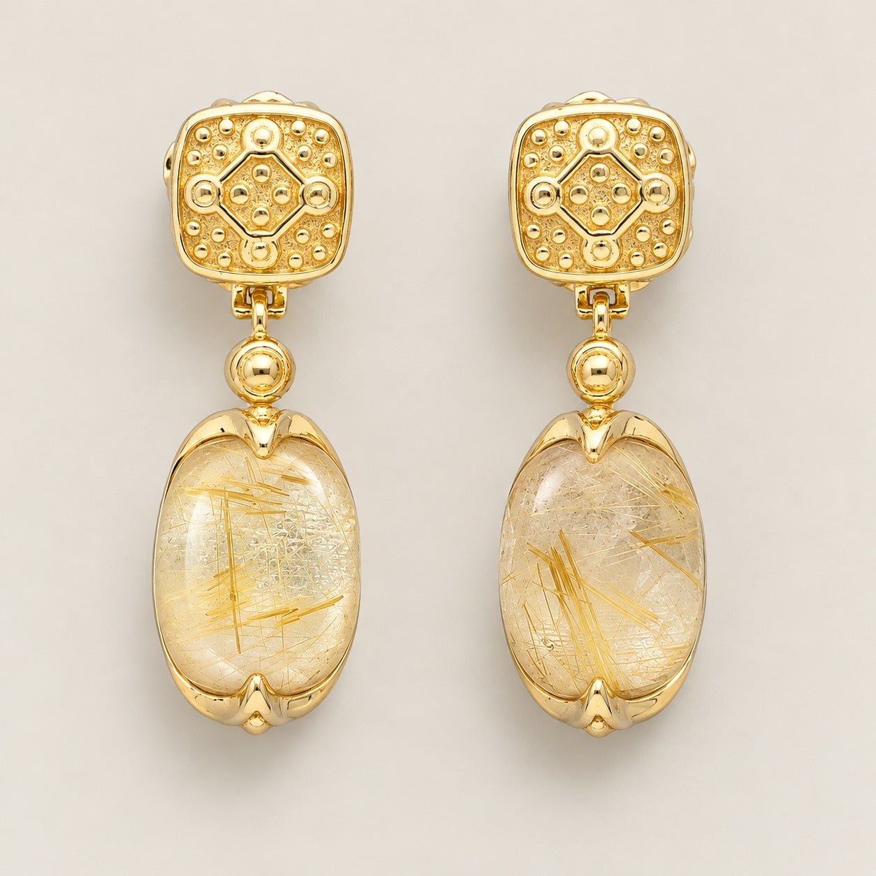 Golden Rutilated Quartz Sterling Silver Gold Plated Earrings