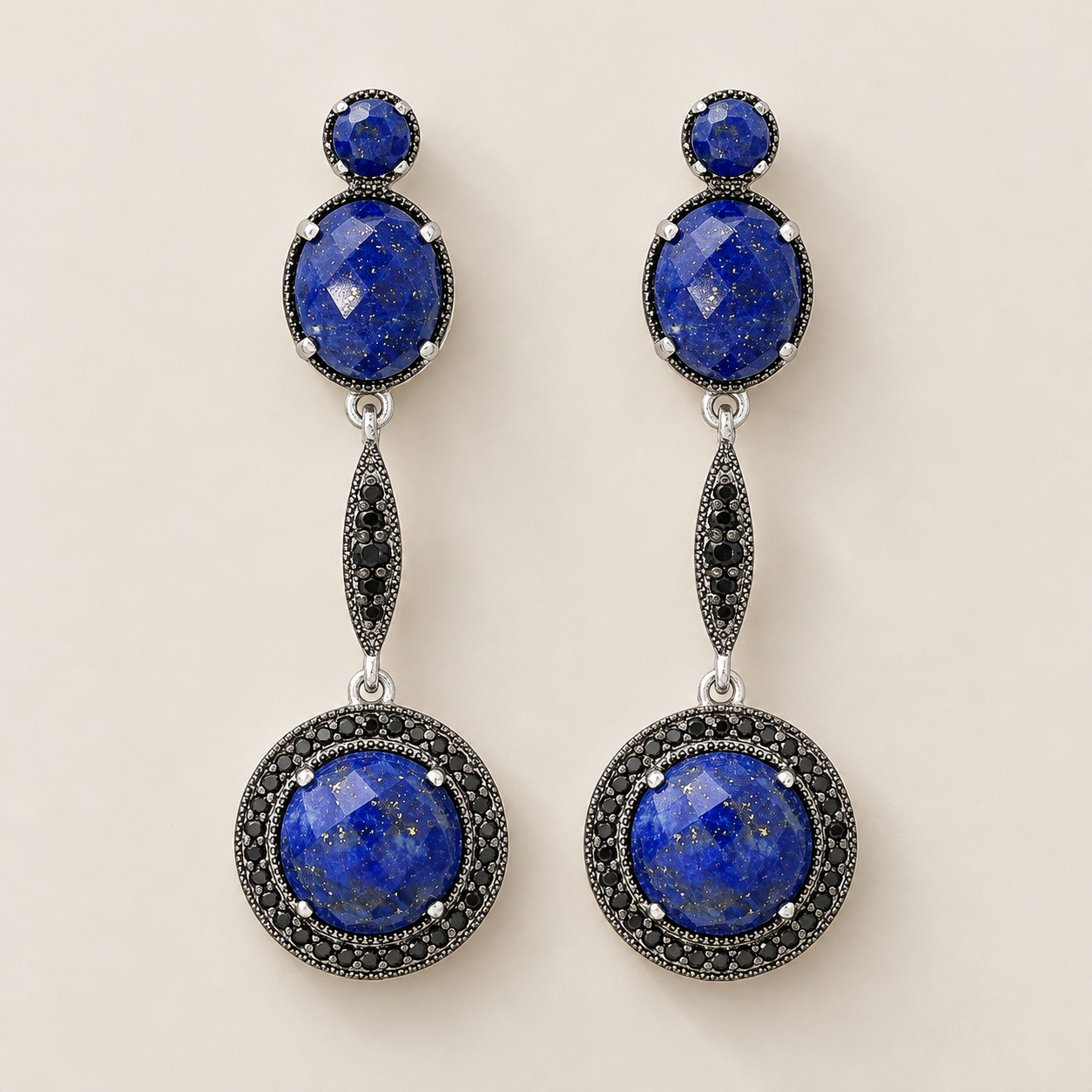 Lapis Lazuli Gemstone Unique Dangle Earrings Sterling Silver Rhodium