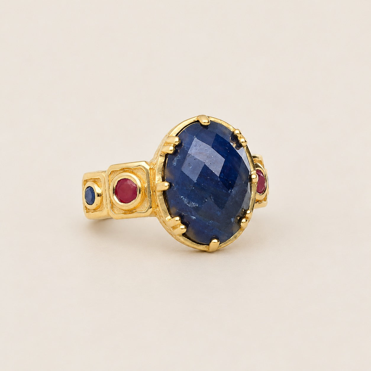 Blue Sapphire Statement Fashion Ring Sterling Silver Gold Plated for Women