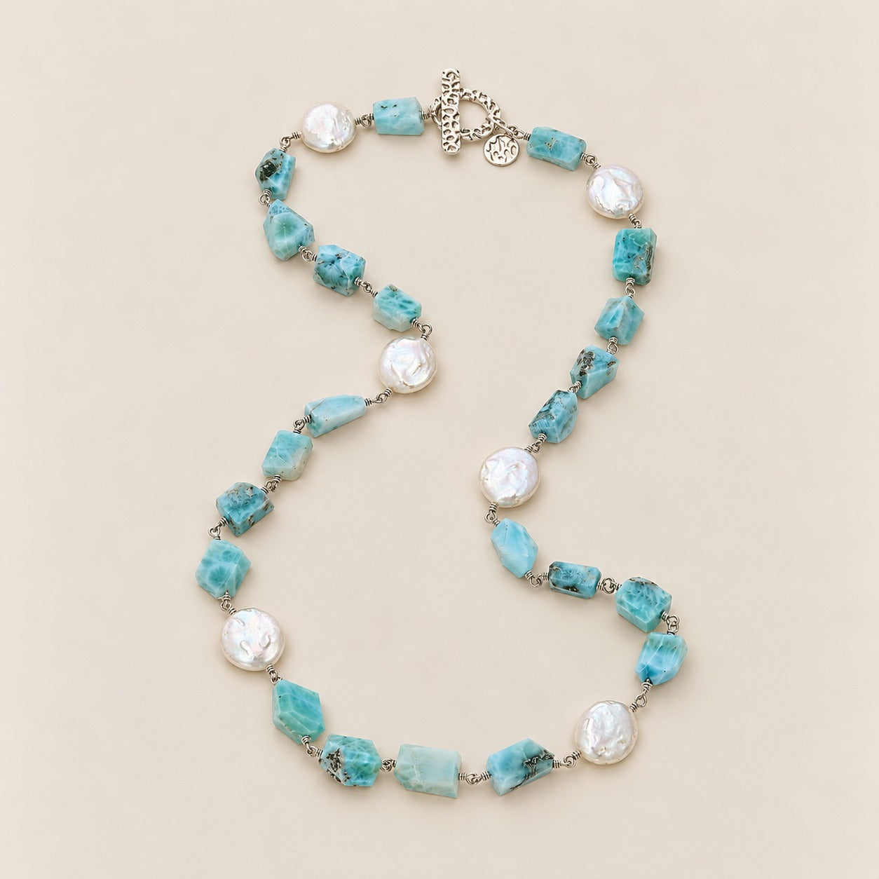 Larimar and Freshwater Pearl Beaded Long Strand Silver Necklace