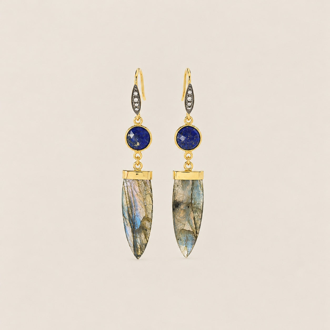 Labradorite, Lapis Lazuli, Natural Zircon Sterling Silver Gold Plated Earrings