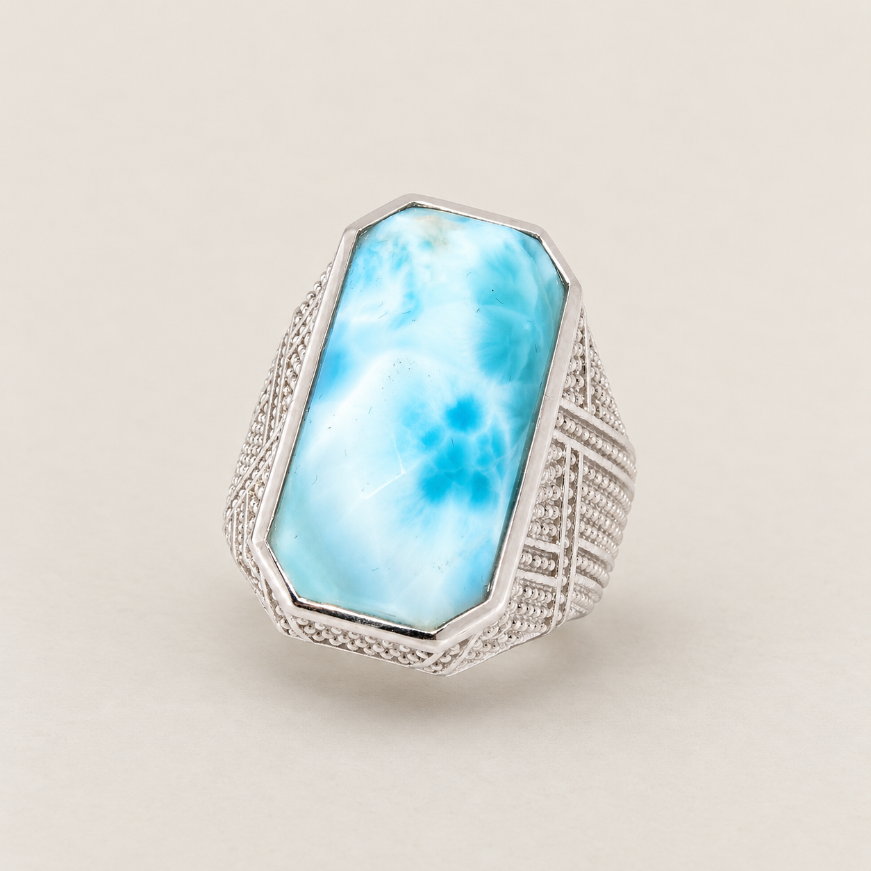 Larimar Large Gemstone Dinner Ring Sterling Silver Rhodium for Women