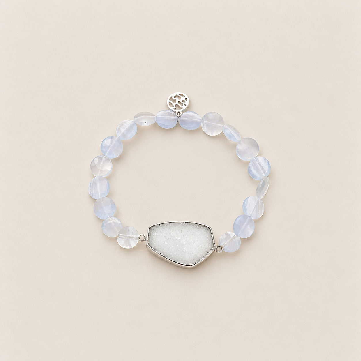 White Druzy and Blue Lace Agate Beaded Stretch Bracelet with Charm