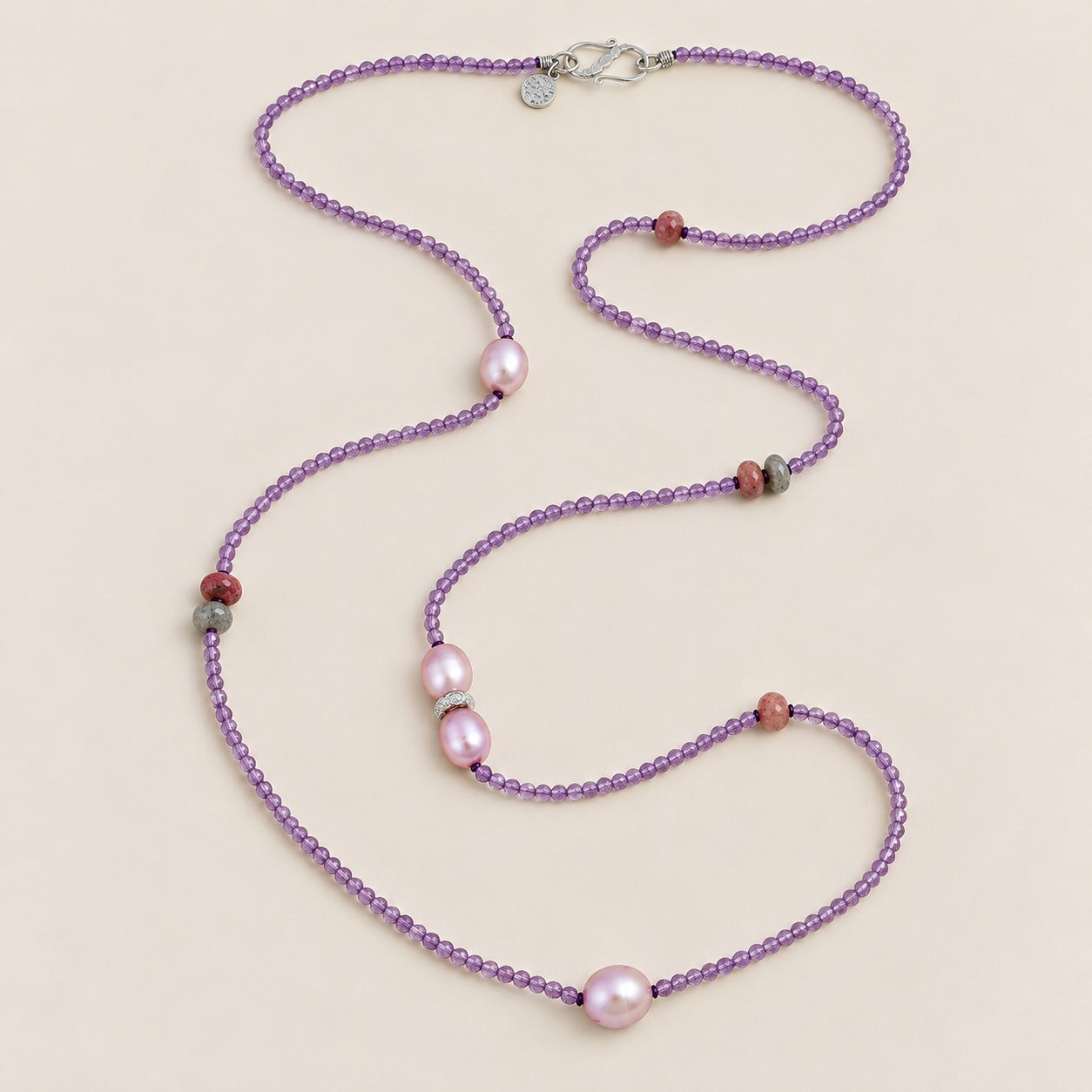Amethyst and Lavender Pearl Extra Long Vintage Style Beaded Necklace Sterling Silver Rhodium