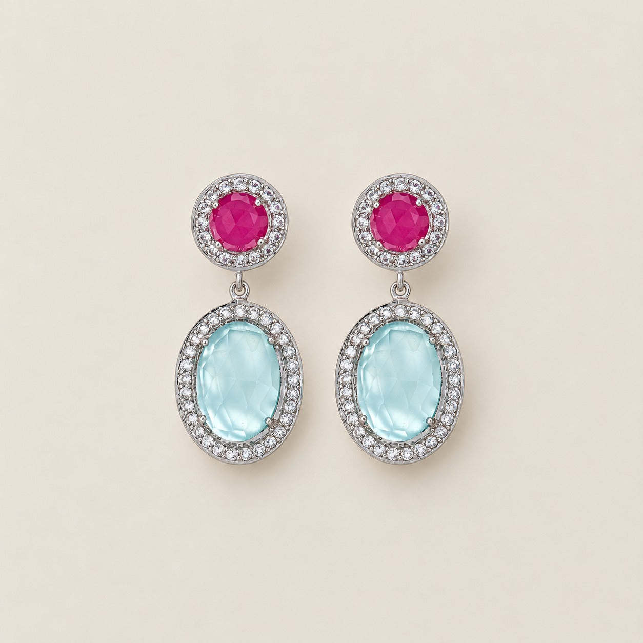 Fuchsia and Aqua Chalcedony Statement Drop Earrings Sterling Silver Rhodium
