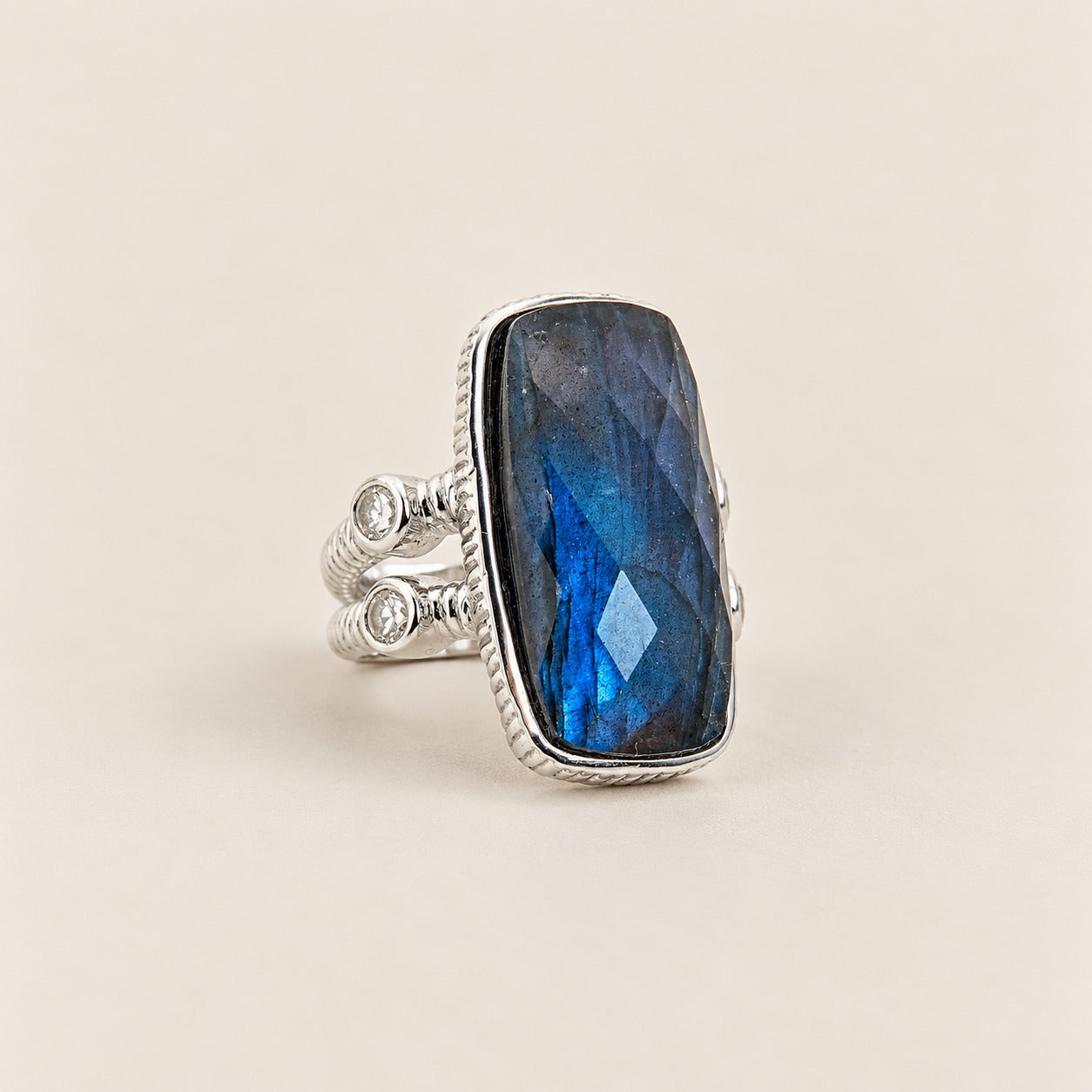 Labradorite Large Gemstone Dinner Ring Doublet Sterling Silver Rhodium for Women