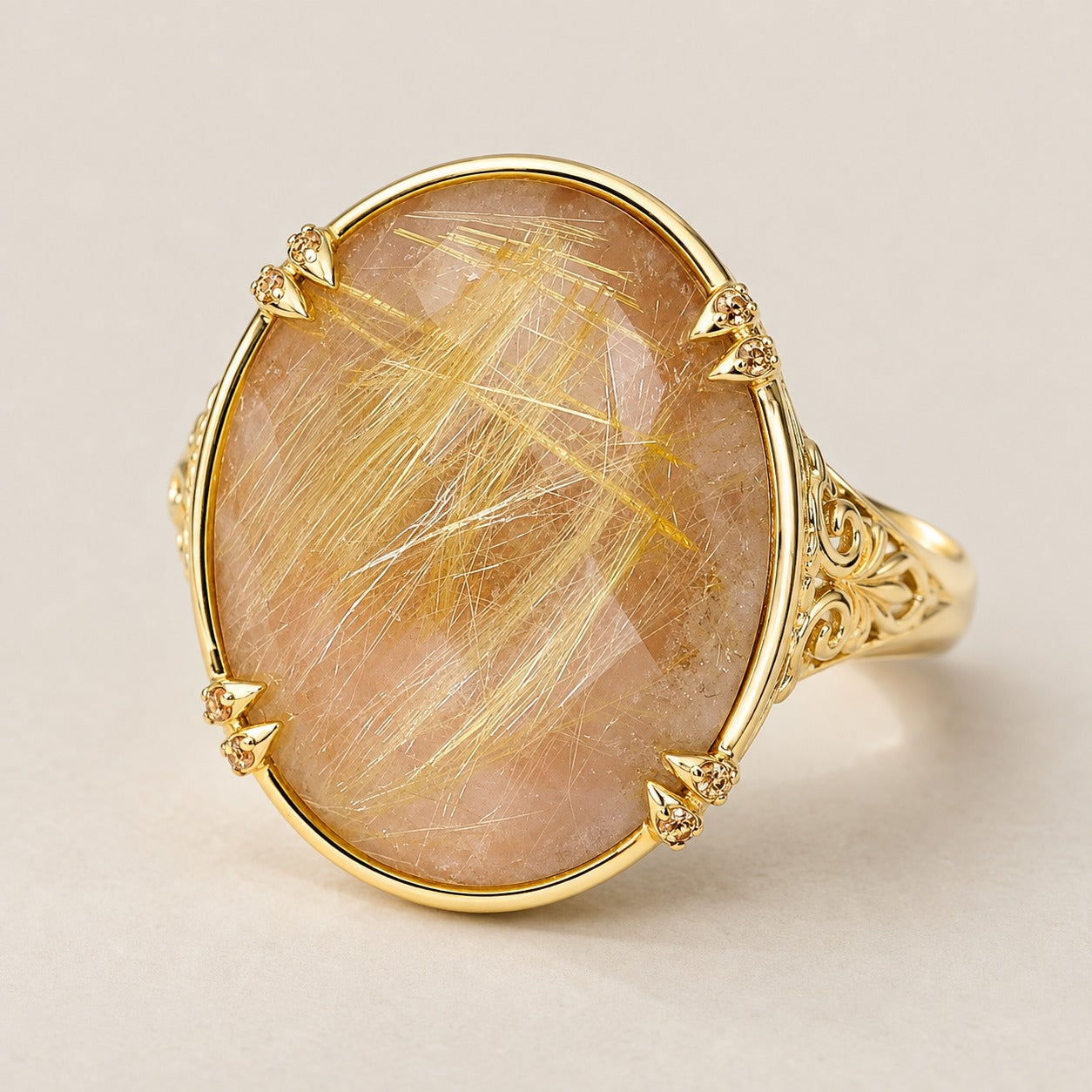 Rutilated Quartz Doublet Large Gemstone Cocktail Ring Sterling Silver Gold Plated for Ladies