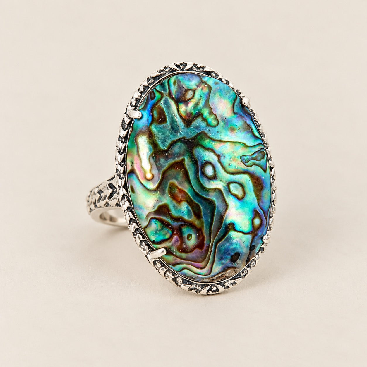 Abalone Large Gemstone Dinner Ring Sterling Silver Rhodium for Women